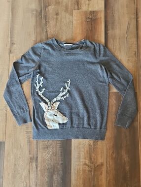 LOFT Charcoal Crewneck Sweater with Holiday Deer Motif